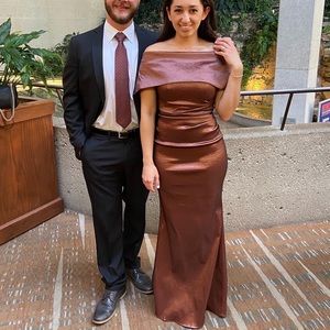 Long brown off the shoulder dress